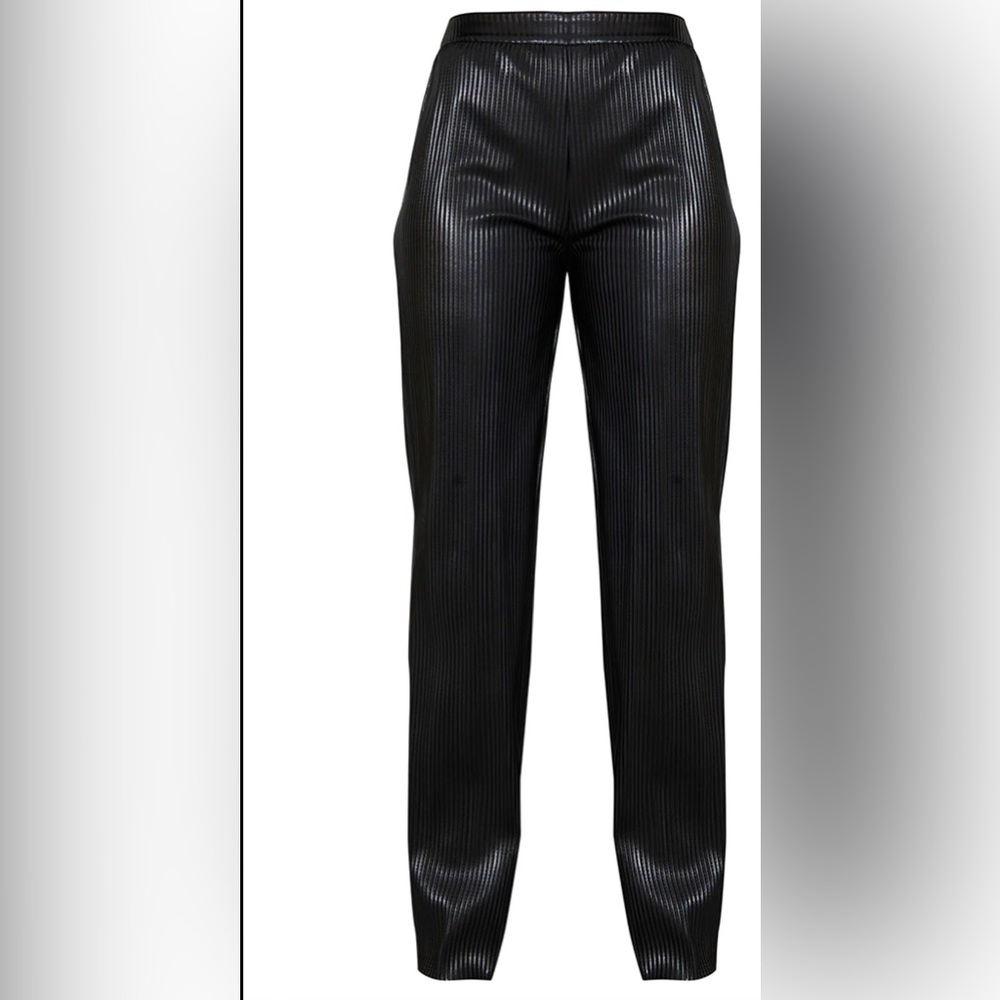Black PU Plisse Wide Leg Pants